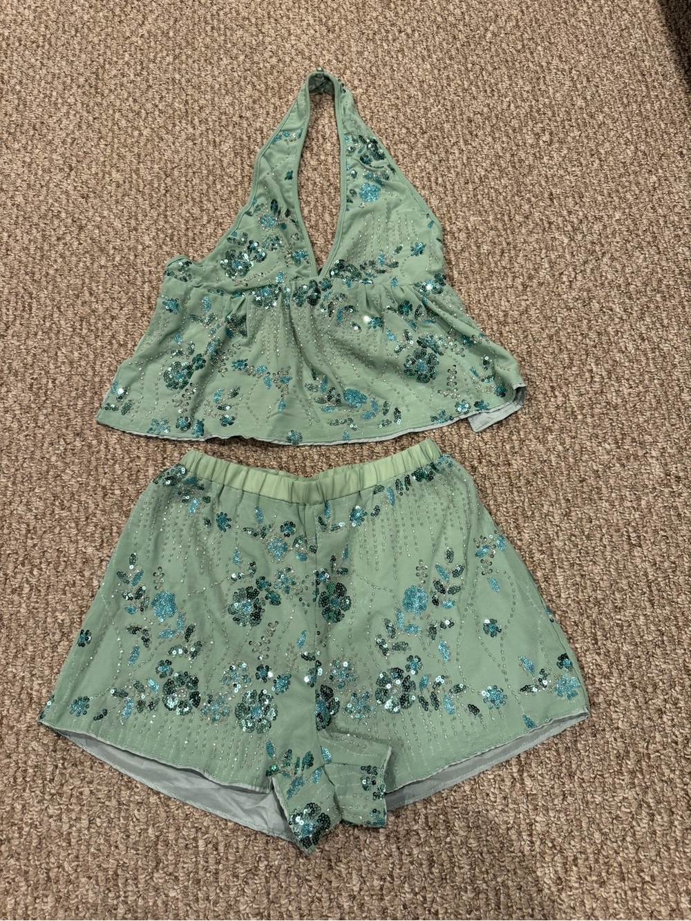 POESELLE Mint Green Sequin Halter Crop Top & Shorts Set